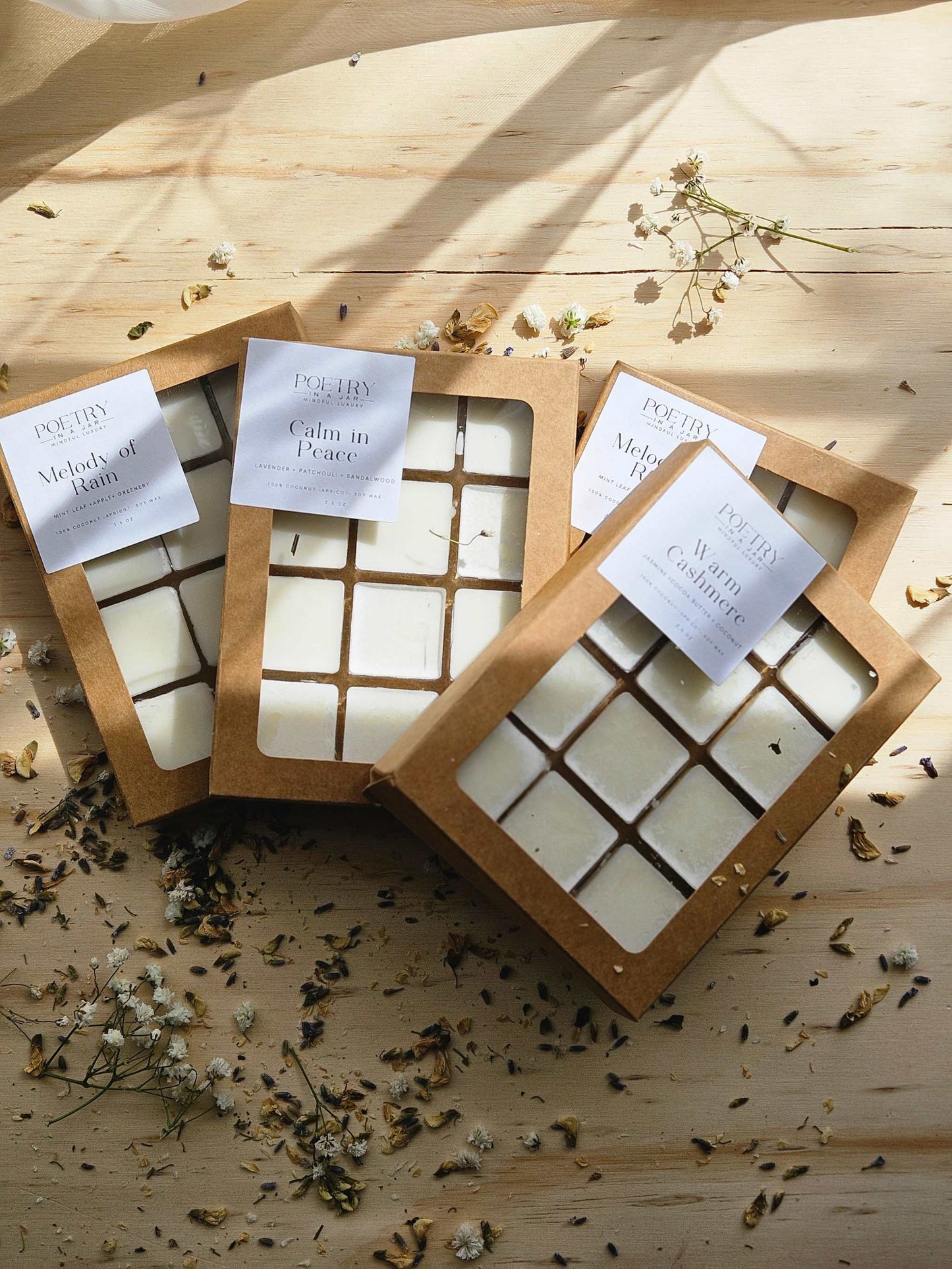Eco-friendly packaged wax melt cube by Poetry in a Jar