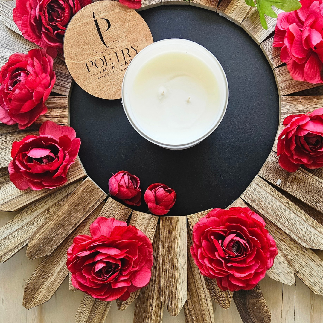 Eco-conscious soy wax Birth of a Rose candle with bamboo lid and rose design