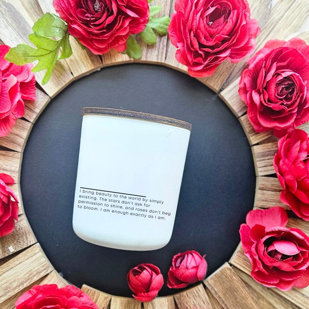 “Close-up of Birth of a Rose candle label featuring rose affirmation poetry