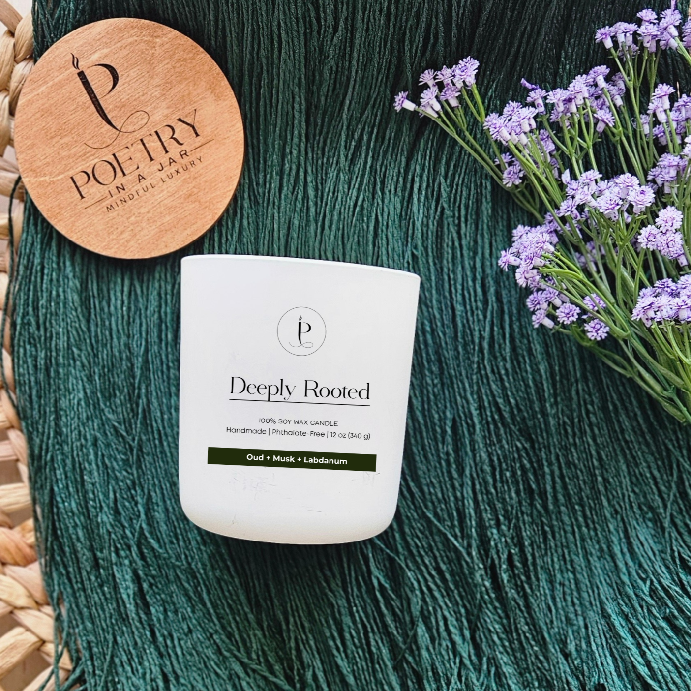Deeply Rooted soy candle in glass jar with bamboo lid from Poetry in a Jar