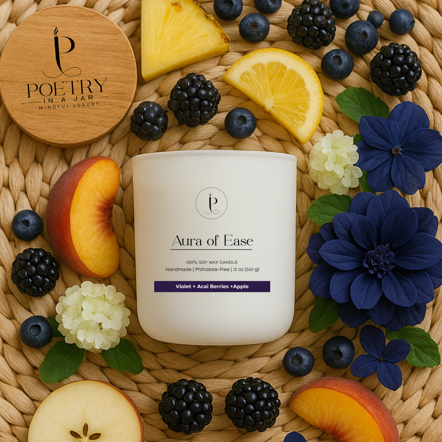 Aura of Ease affirmation soy candle in clear glass jar with poetic label