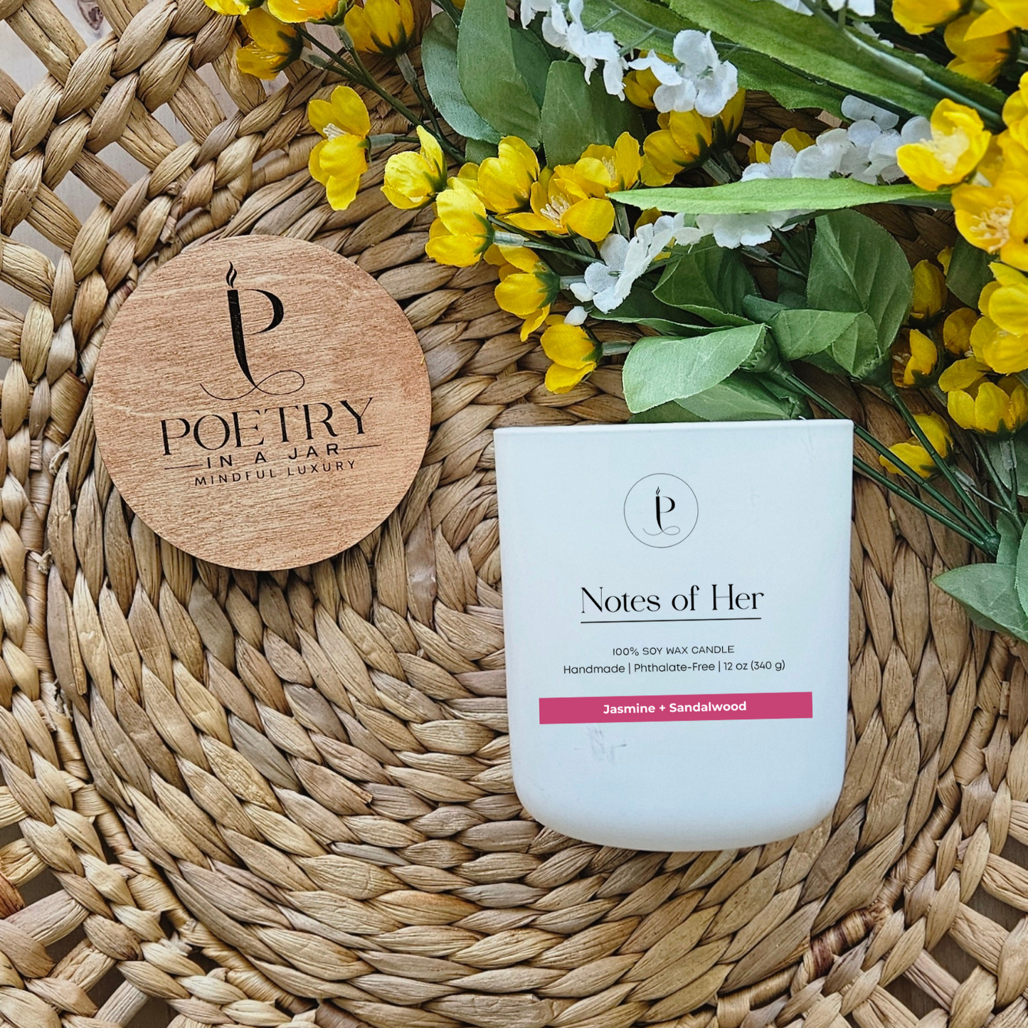 Eco‑friendly packaging and natural soy wax details for Notes of Her candle