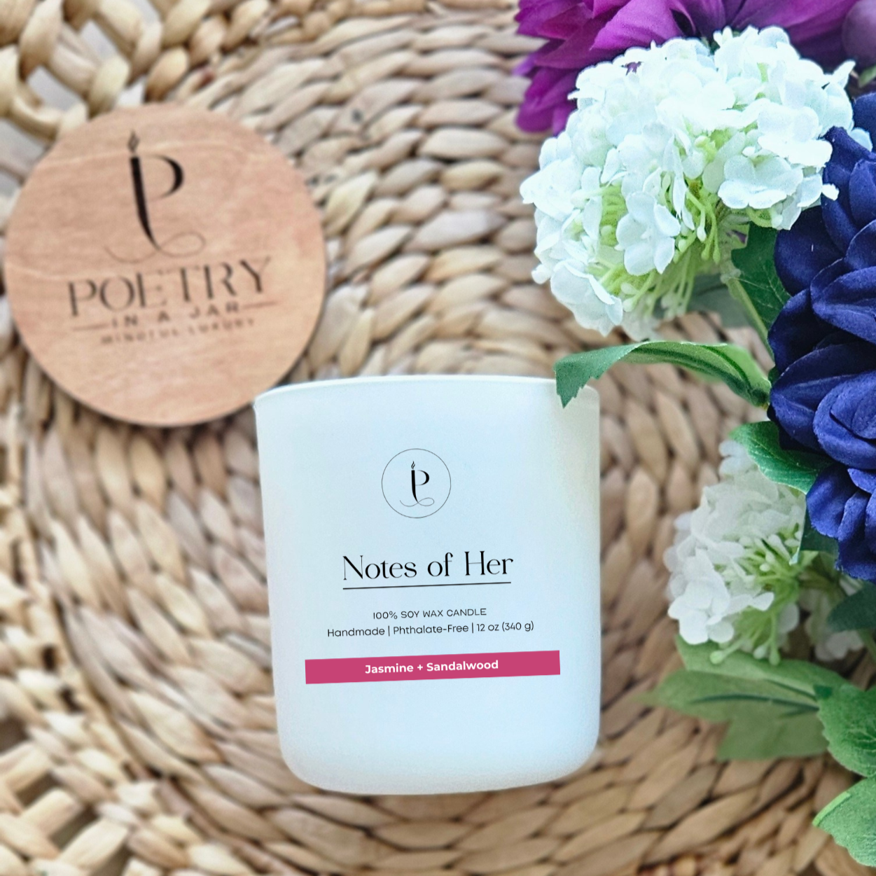 Notes of Her affirmation candle in glass jar with poetic label by Poetry in a Jar