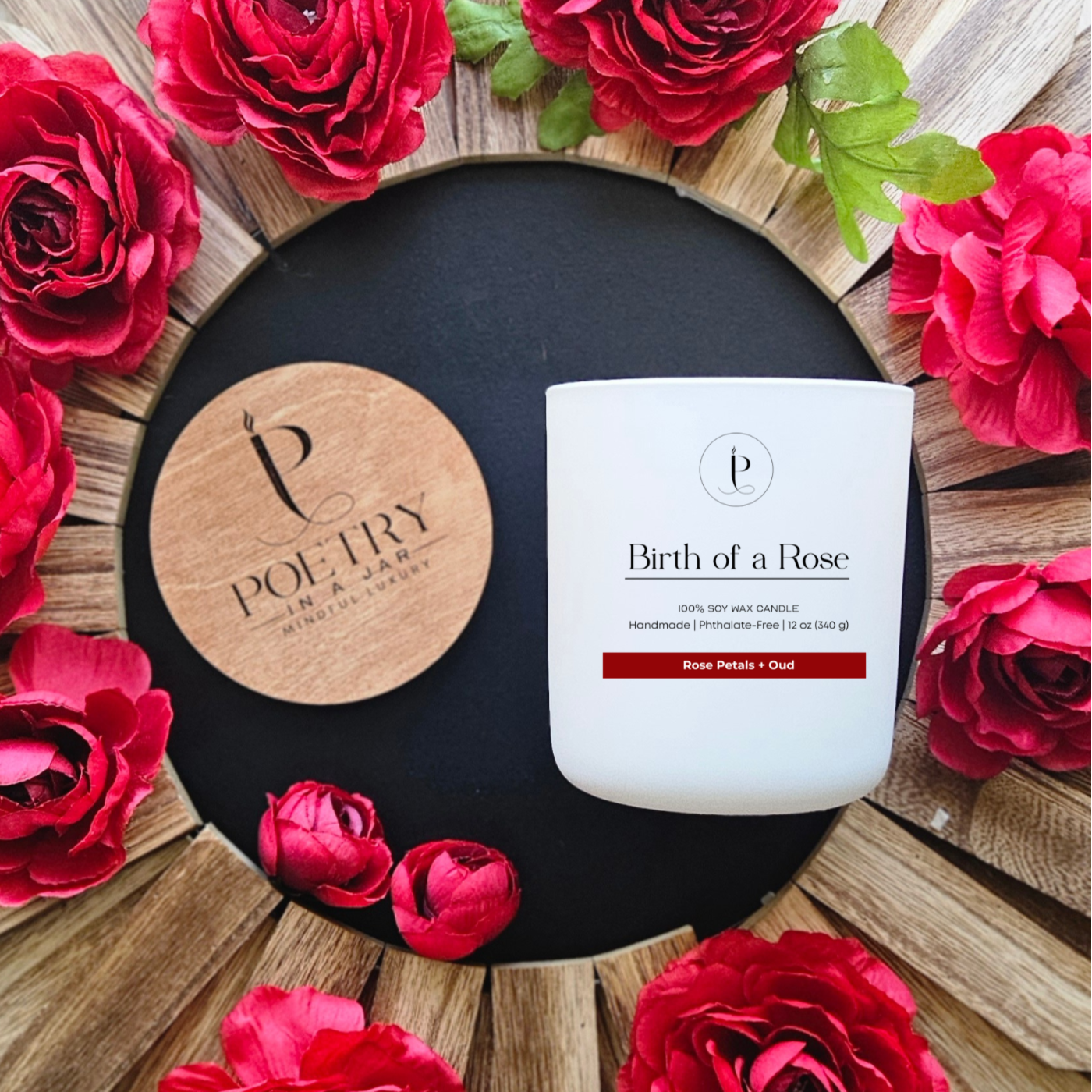 Birth of a Rose candle in glass jar with elegant rose-inspired poetic label