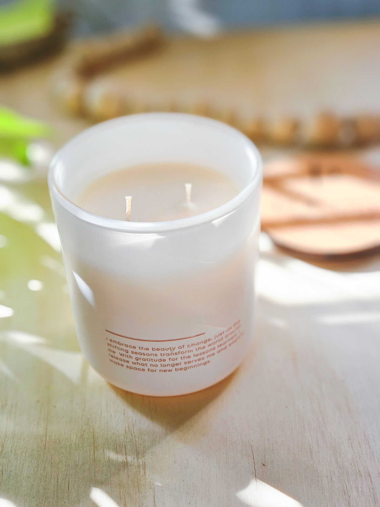 Essence of Fall handmade soy candle with affirmations on back.