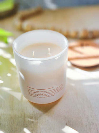 Essence of Fall handmade soy candle with affirmations on back.