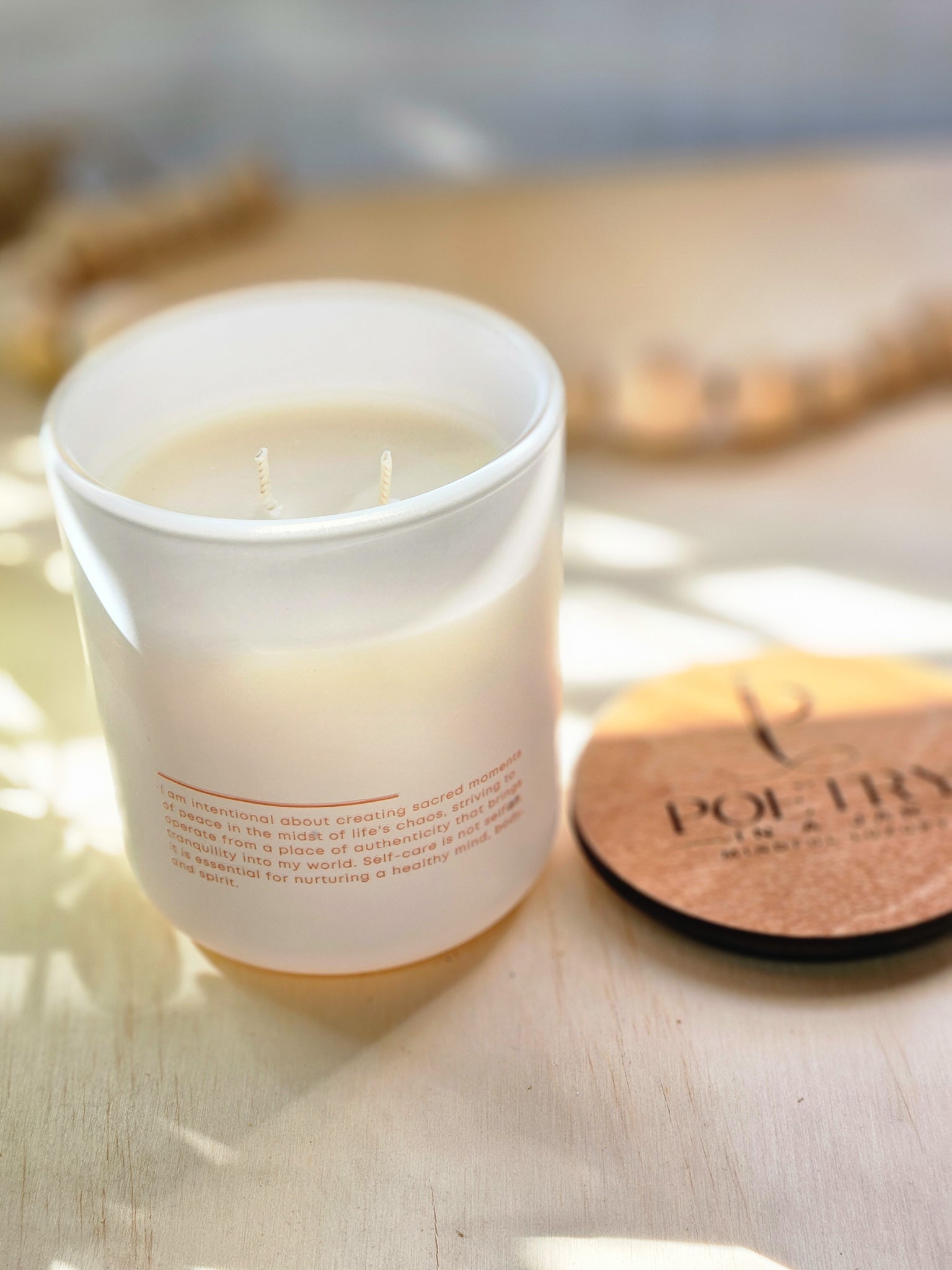 Calm in peace handmade soy candle with affirmations on the back