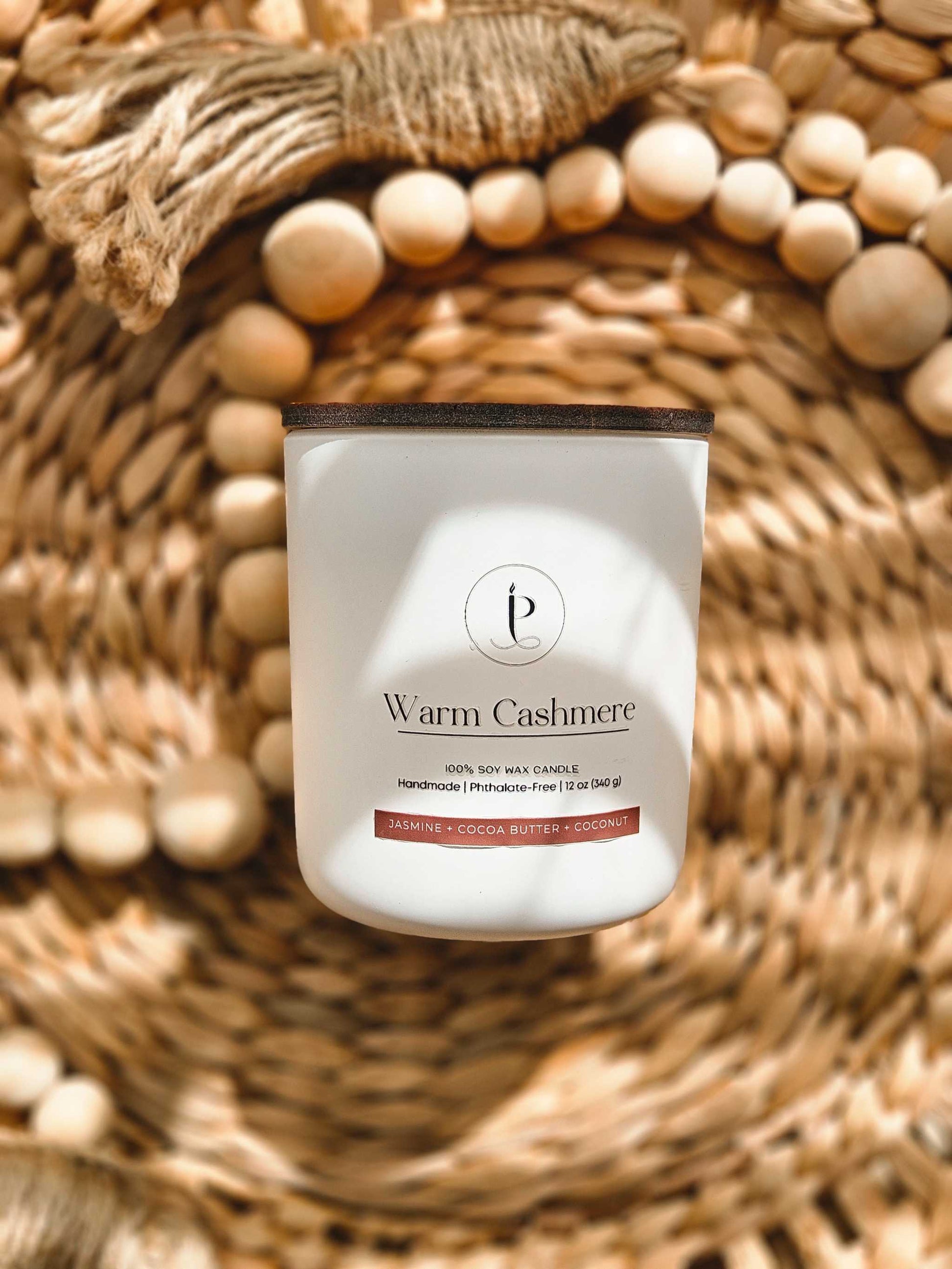 Warm Cashmere candle in glass jar with poetic affirmation label