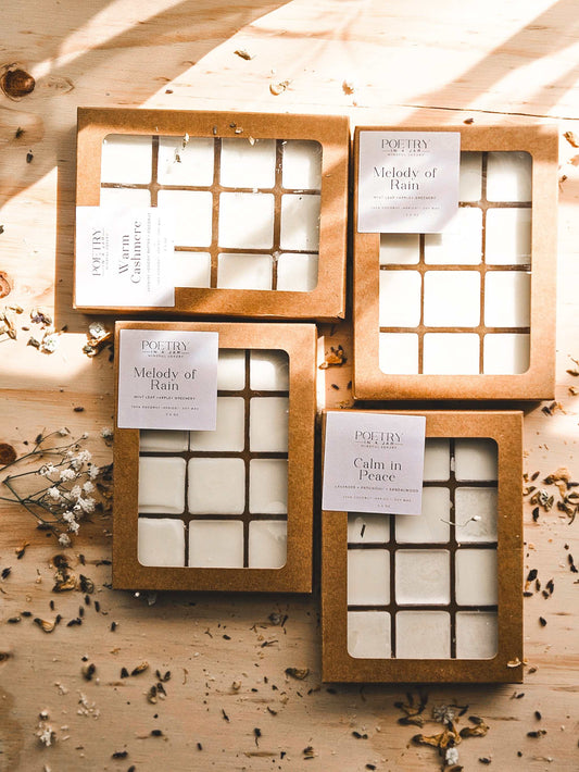 Eco-friendly packaged wax melt cube by Poetry in a Jar