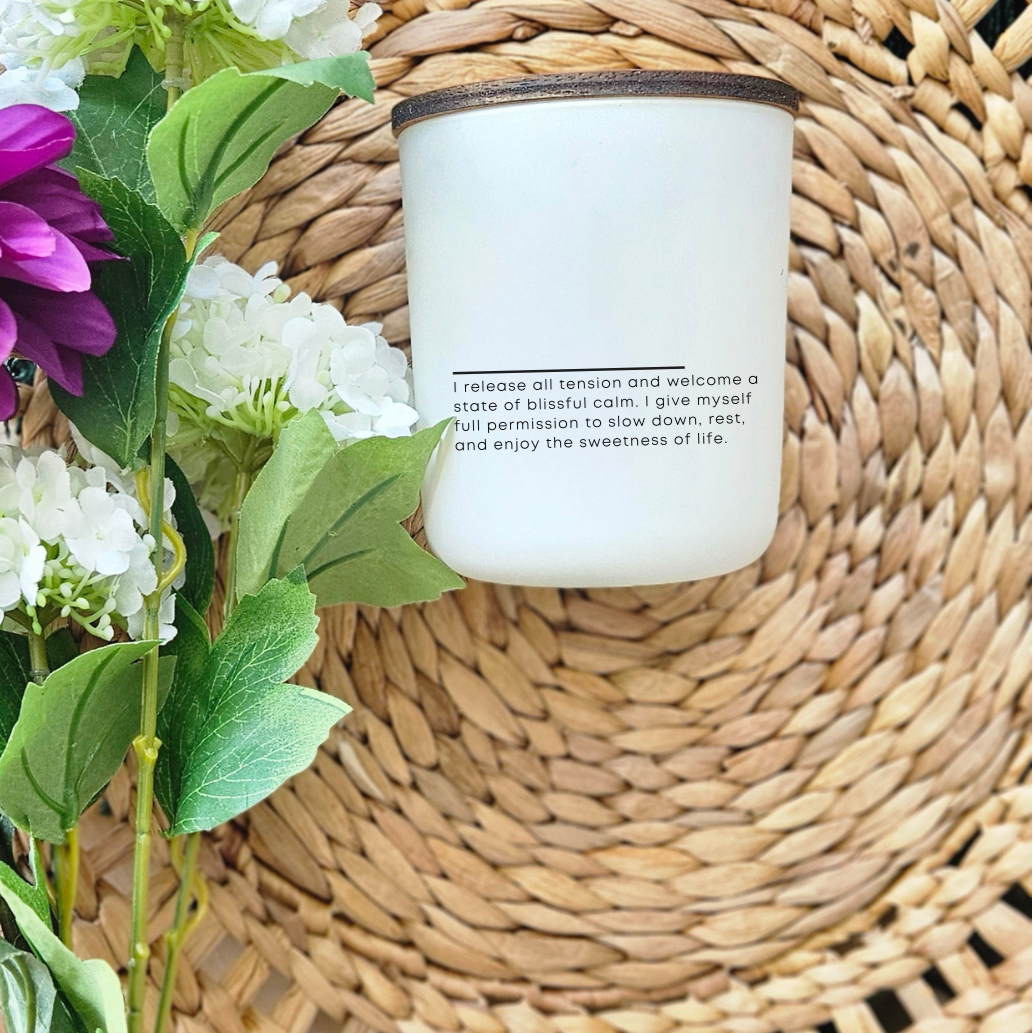  Aura of Ease soy candle label featuring affirmations