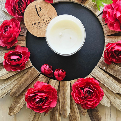 Eco-conscious soy wax Birth of a Rose candle with bamboo lid and rose design
