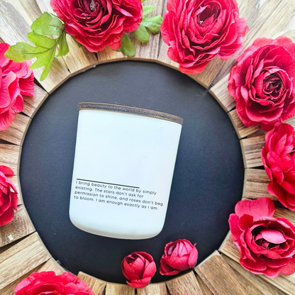 “Close-up of Birth of a Rose candle label featuring rose affirmation poetry