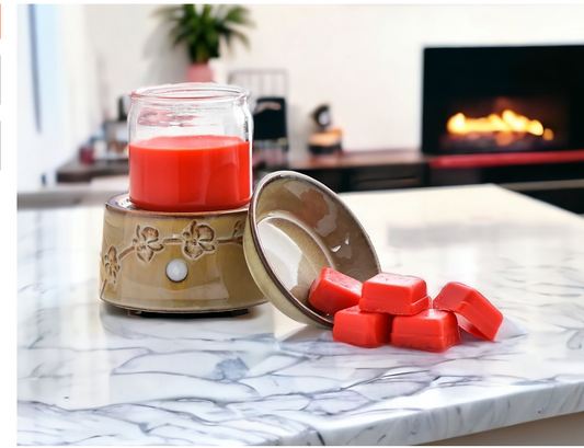 Wax Warmer plugged in melting soy wax cubes for flameless fragrance