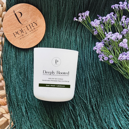 Deeply Rooted soy candle in glass jar with bamboo lid from Poetry in a Jar