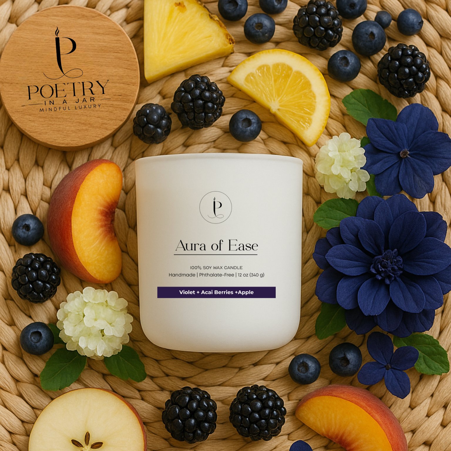 Aura of Ease affirmation soy candle in clear glass jar with poetic label