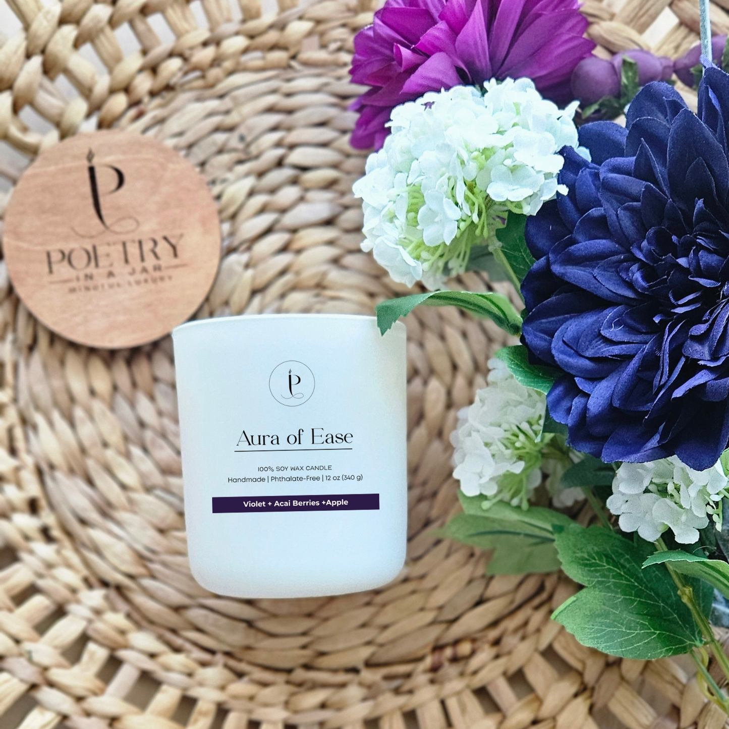 Eco‑friendly Aura of Ease candle with bamboo lid and natural soy wax